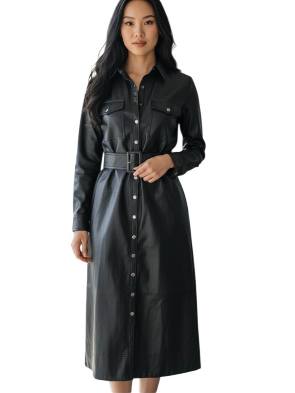 Anthropologie Pilcro Long-Sleeve Faux Leather Belted Midi Dress Black Size XS